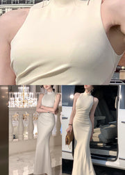 Style Beige Turtleneck Solid Slim Maxi Dress Summer