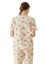 Style Beige V Neck Patchwork Print Cotton Pajamas Two Piece Set Short Sleeve