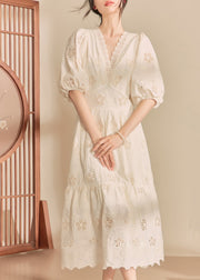 Style Beige V Neck Wrinkled Hollow Out Long Dress Summer