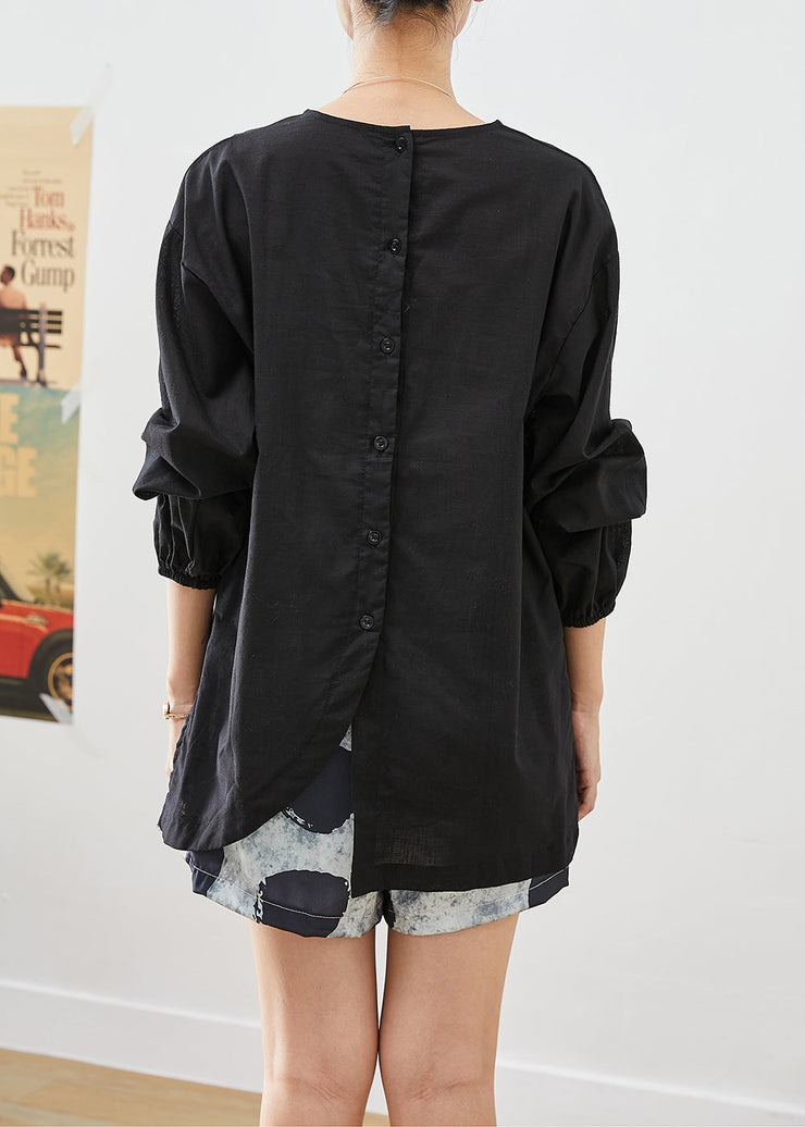 Style Black Asymmetrical Back Buckle Cotton Shirt Top Fall