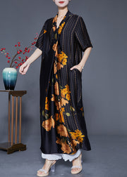 Style Black Asymmetrical Design Print Silk Long Dress Summer