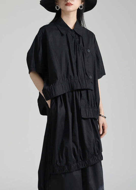 Style Black Asymmetrical Patchwork Cotton Shirt Tops Short Sleeve