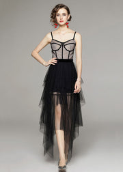 Style Black Asymmetrical Patchwork Tulle Spaghetti Strap Dress Summer