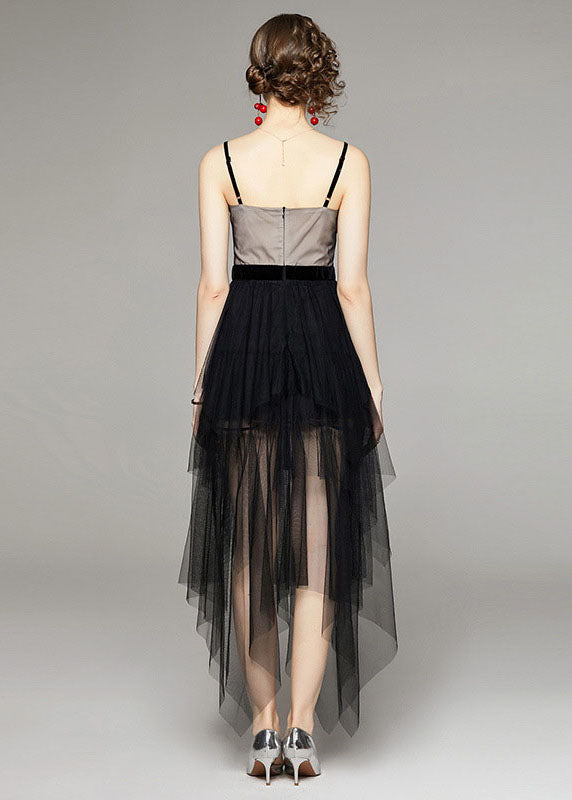 Style Black Asymmetrical Patchwork Tulle Spaghetti Strap Dress Summer