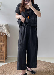 Style Black Asymmetrical Wrinkled Linen 2 Piece Outfit Summer