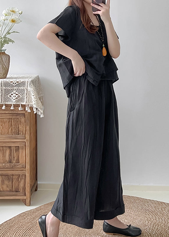 Style Black Asymmetrical Wrinkled Linen 2 Piece Outfit Summer