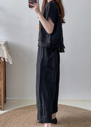 Style Black Asymmetrical Wrinkled Linen 2 Piece Outfit Summer