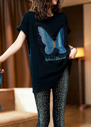 Style Black Butterfly Zircon Patchwork Cotton T Shirts Tops Summer