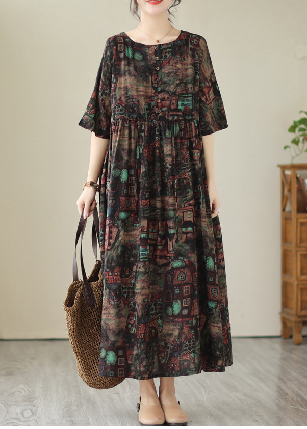 Style Black Cinched Print Linen Maxi Dresses Summer