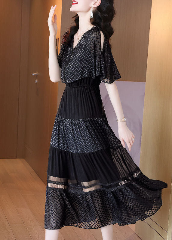 Style Black Cold Shoulder Patchwork Exra Large Hem Silk Long Dress Cloak Sleeves