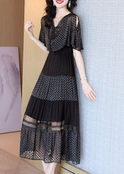 Style Black Cold Shoulder Patchwork Exra Large Hem Silk Long Dress Cloak Sleeves