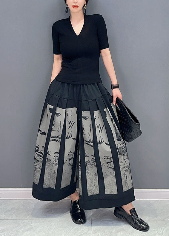 Style Black Elastic Waist Pockets Print Cotton Wide Leg Pants Spring