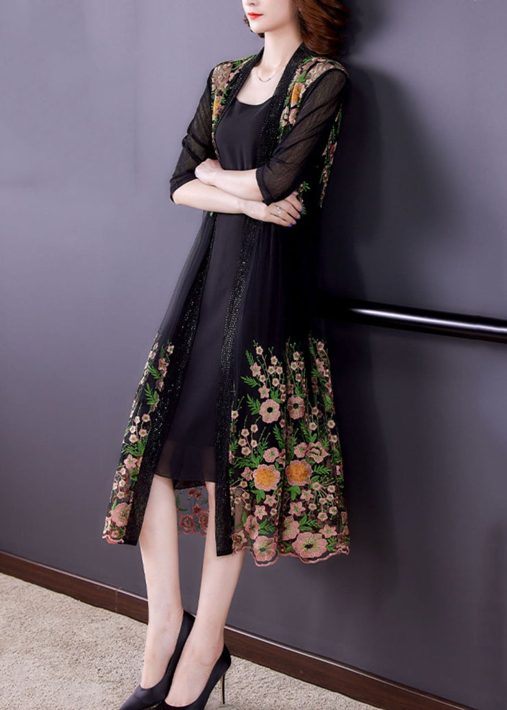 Style Black Embroideried Patchwork False Two Pieces Tulle Cardigans Dresses Summer