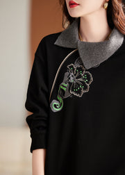 Style Black Embroidered Warm Fleece Tops Spring