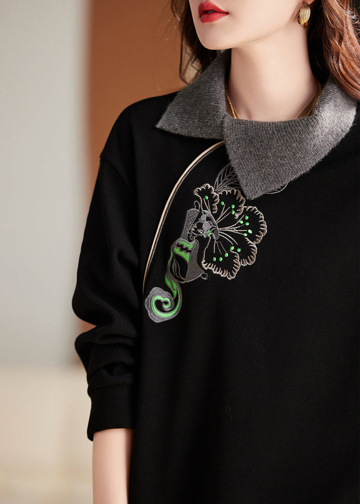 Style Black Embroidered Warm Fleece Tops Spring