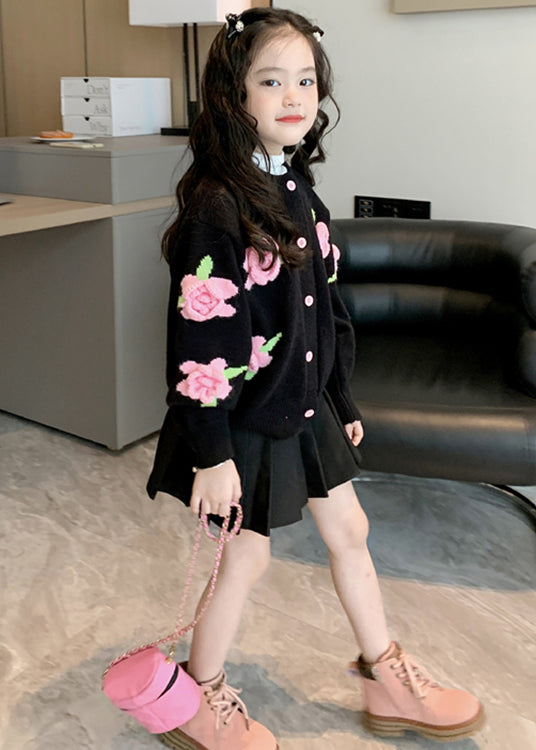 Style Black Floral Button Patchwork Knit Girls Coats Fall