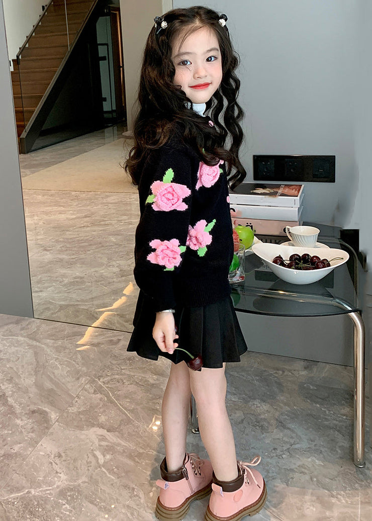 Style Black Floral Button Patchwork Knit Girls Coats Fall