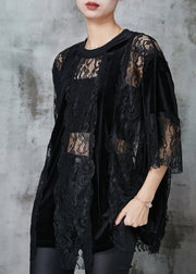 Style Black Hollow Out Patchwork Lace Shirts Summer