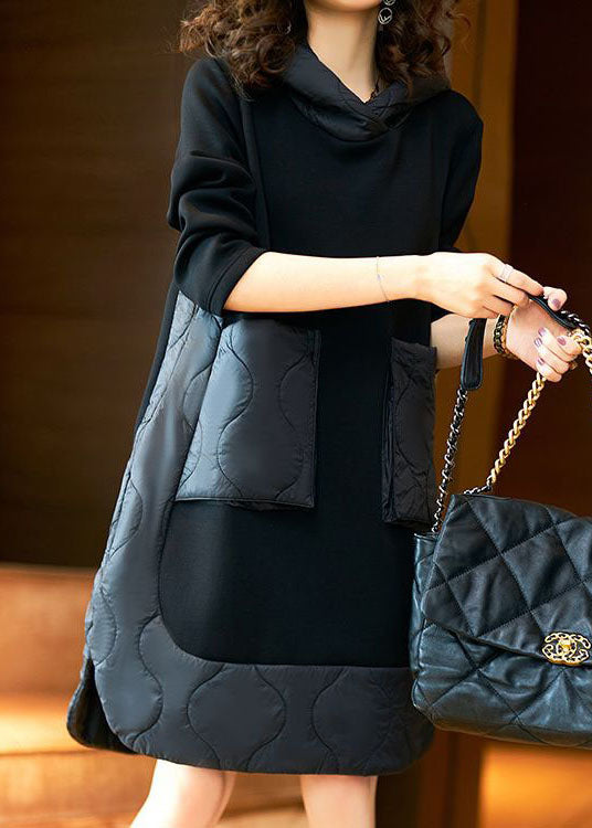 Style Black Hooded Pockets Patchwork Cotton Dresses Spring