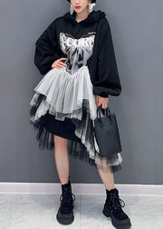 Style Black Hooded Wrinkled Asymmetrical Tulle Patchwork Cotton Dresses Fall