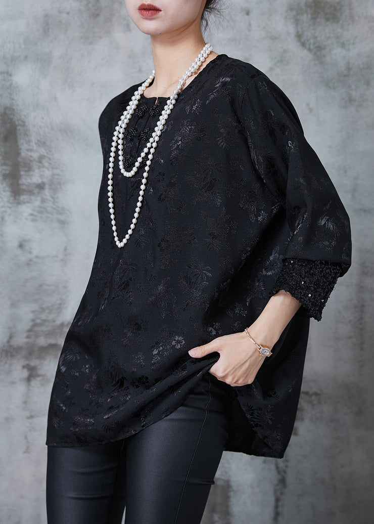 Style Black Jacquard Chinese Button Silk Shirt Spring