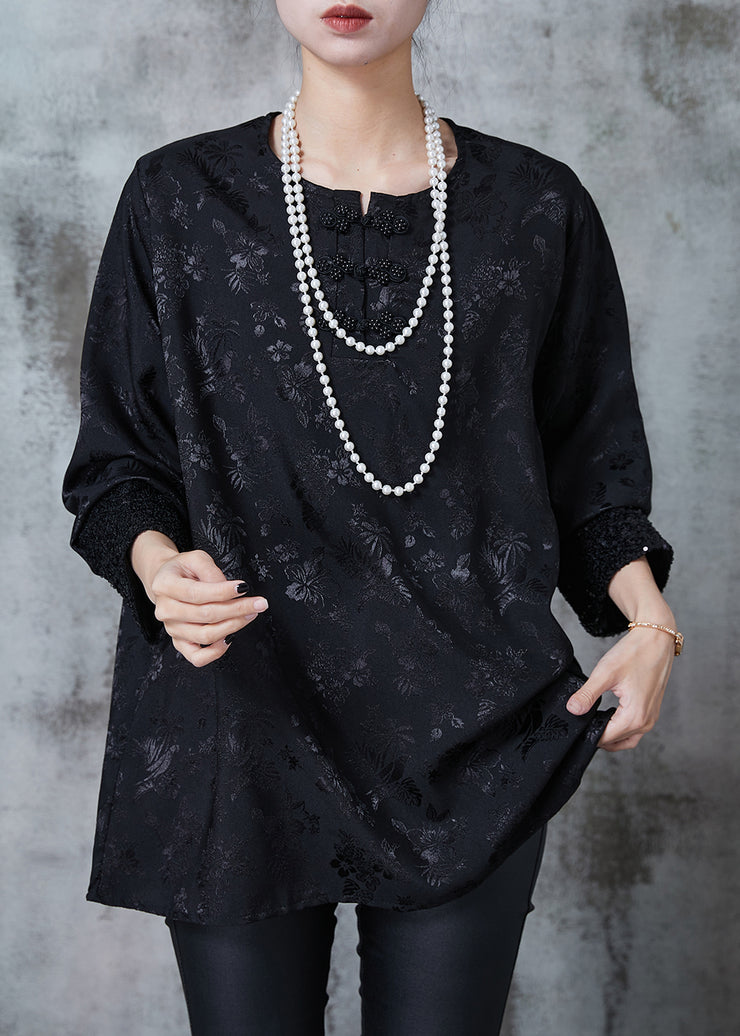 Style Black Jacquard Chinese Button Silk Shirt Spring