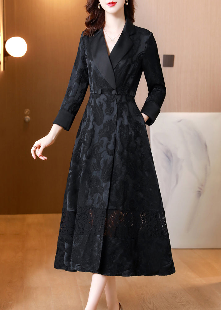 Style Black Jacquard Pockets Hollow Out Patchwork Cotton Coat Fall