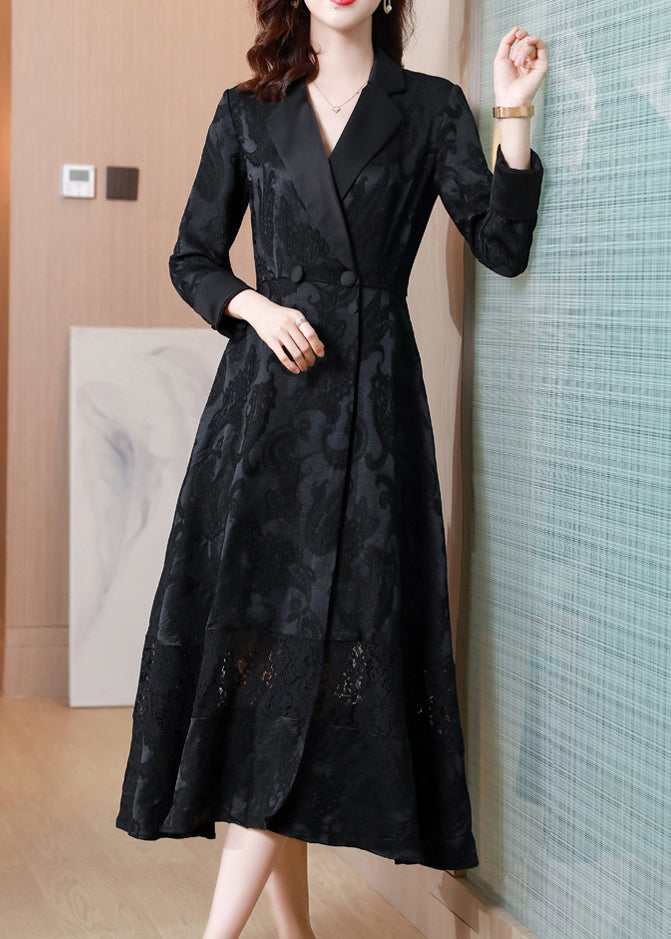 Style Black Jacquard Pockets Hollow Out Patchwork Cotton Coat Fall