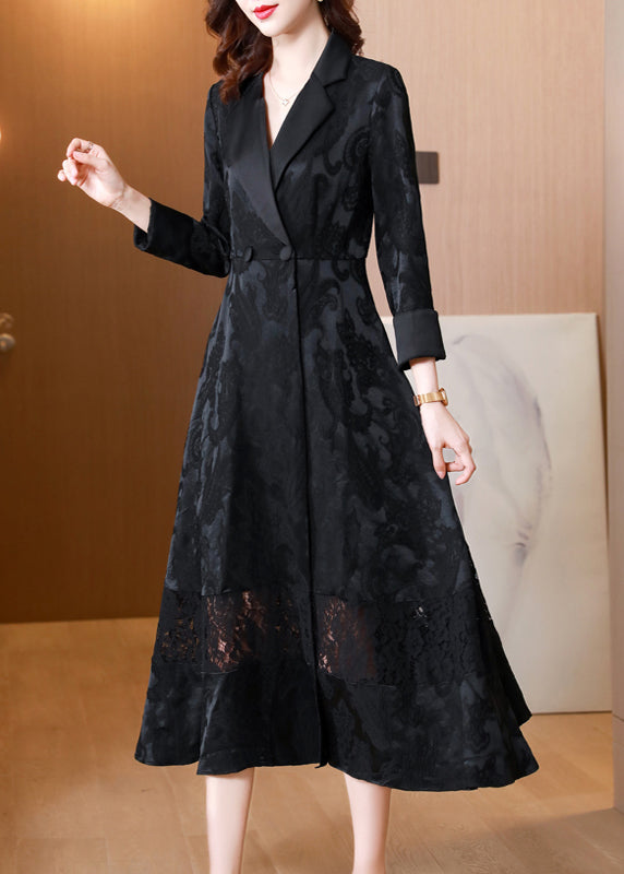 Style Black Jacquard Pockets Hollow Out Patchwork Cotton Coat Fall