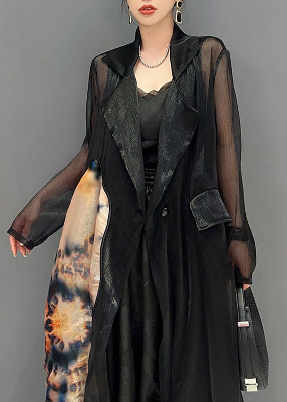 Style Black Notched Patchwork Button Long Tulle Cardigan Fall