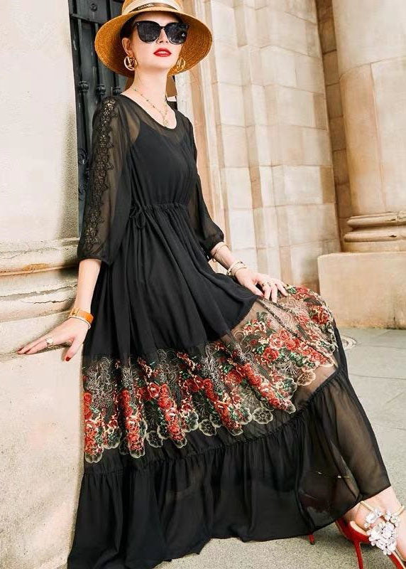 Style Black O Neck Embroideried Patchwork Silk Dress Bracelet Sleeve