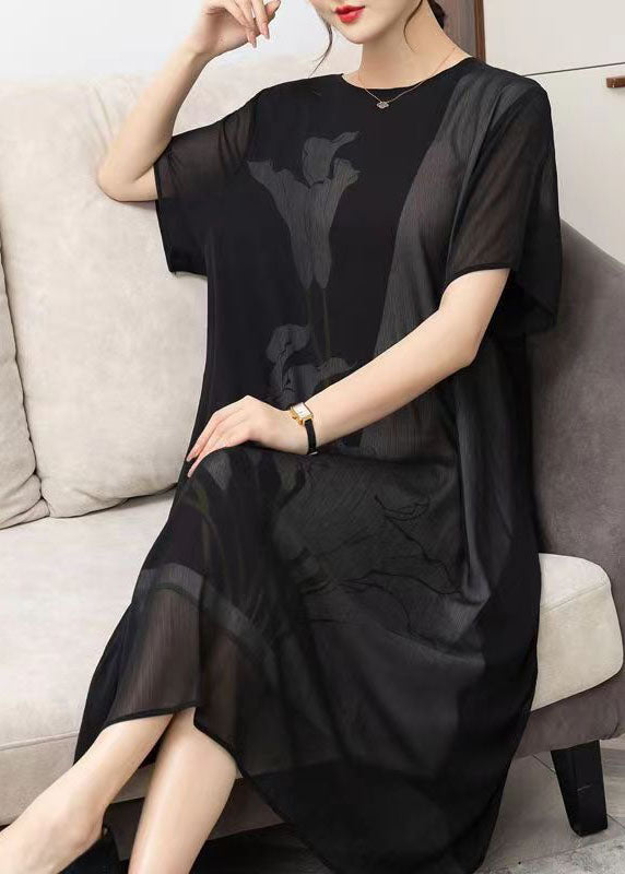 Style Black O Neck Print Patchwork Chiffon Dress Summer