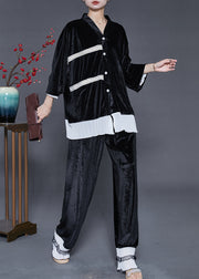 Style Black Oversized Patchwork Silk Velvet Women Sets 2 Pieces Fall