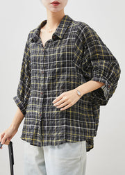 Style Black Oversized Plaid Linen Shirt Tops Bracelet Sleeve