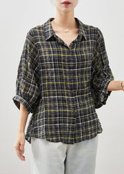 Style Black Oversized Plaid Linen Shirt Tops Bracelet Sleeve