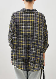 Style Black Oversized Plaid Linen Shirt Tops Bracelet Sleeve