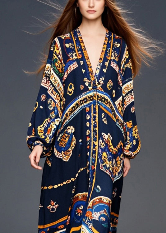 Style Black Oversized Print Chiffon Robe Dresses Fall