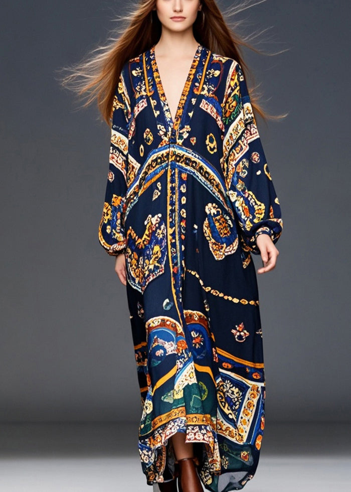 Style Black Oversized Print Chiffon Robe Dresses Fall