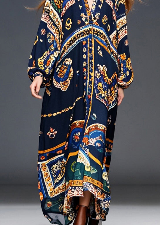 Style Black Oversized Print Chiffon Robe Dresses Fall