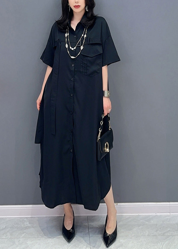 Style Black Peter Pan Collar Button Solid Maxi Shirts Dress Summer