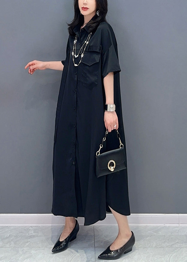 Style Black Peter Pan Collar Button Solid Maxi Shirts Dress Summer