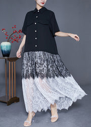 Style Black Peter Pan Collar Lace Patchwork Chiffon Long Dress Summer