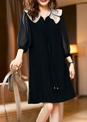 Style Black Peter Pan Collar Patchwork Chiffon Dress Spring