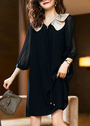 Style Black Peter Pan Collar Patchwork Chiffon Dress Spring