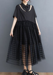 Style Black Peter Pan Collar Patchwork Tulle Shirts Dress Summer