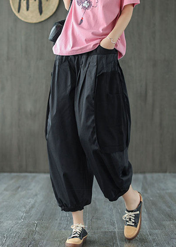 Style Black Pockets Patchwork Cotton Harem Pants Summer