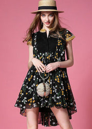 Style Black Print Low High Design Chiffon Pleated Dress Summer