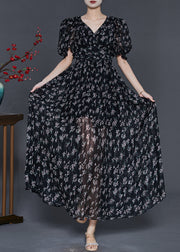 Style Black Puff Sleeve Print Chiffon Party Dress