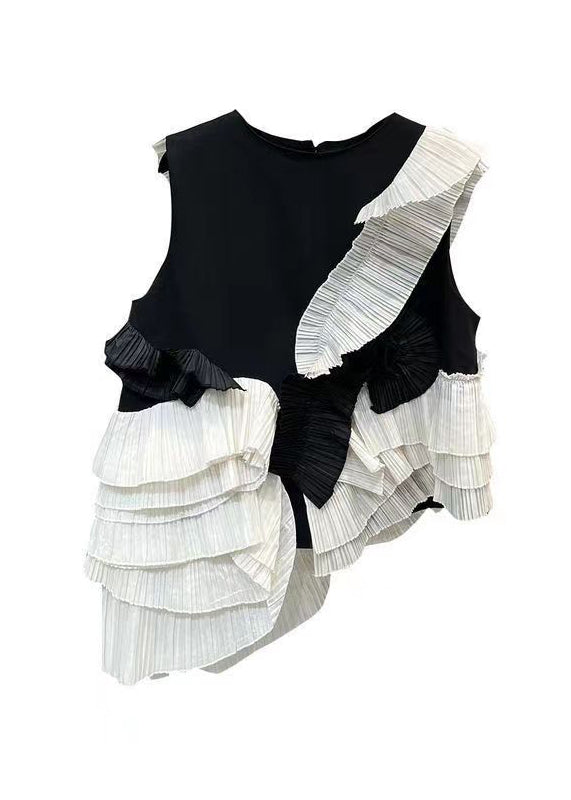 Style Black Ruffled Asymmetrical Patchwork Chiffon Top Sleeveless