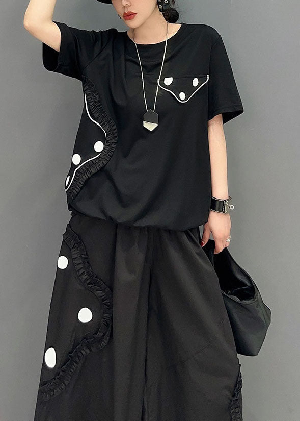 Style Black Ruffled Oversized Cotton Two Pieces Set Summer